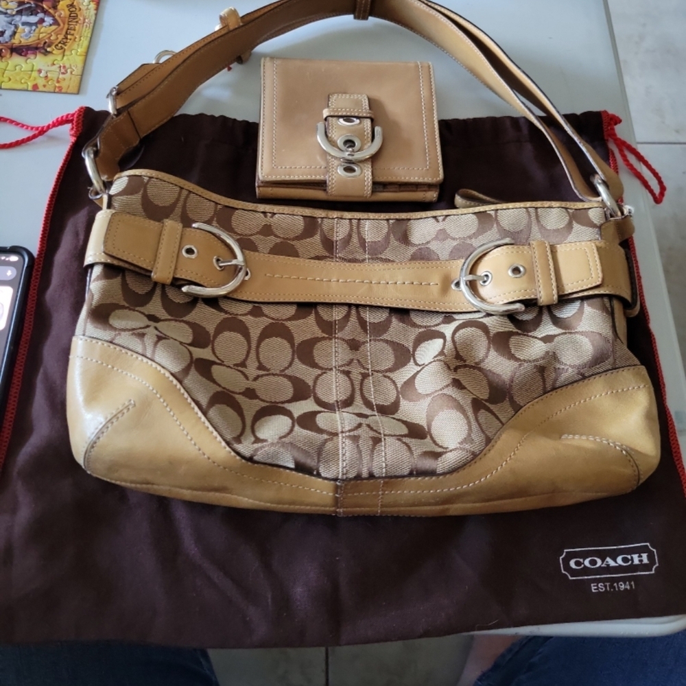 Coach Signature Brown and Tan Shoulder Bag